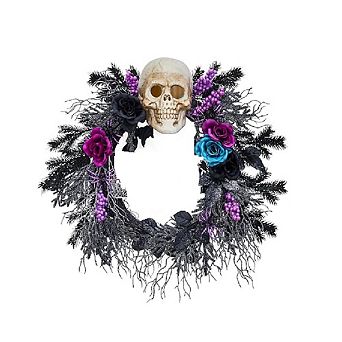 Fancihabor 22 in Halloween Wreath Blue Purple Black with LED Lights Flowers for Front Door Fireplace