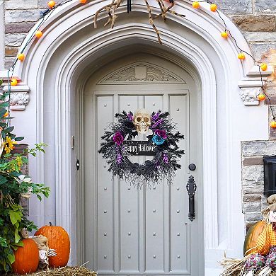 Fancihabor 22in Halloween Wreath Blue Purple Black with LED Lights Flowers for Front Door Fireplace