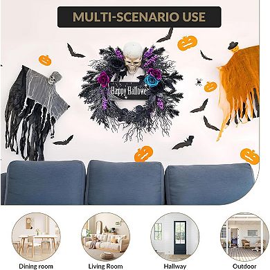 Fancihabor 22in Halloween Wreath Blue Purple Black with LED Lights Flowers for Front Door Fireplace
