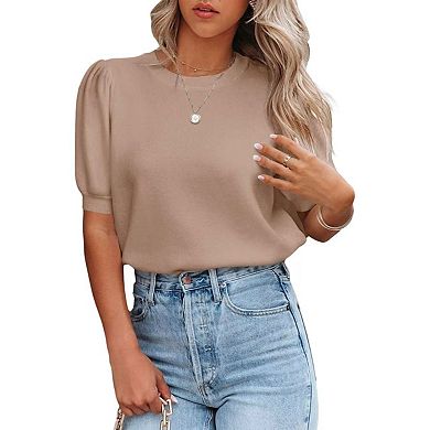 Women Round Neck Solid Color Slim Fit Soft Short Sleeve Knit Top