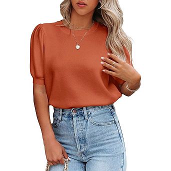 Women Round Neck Solid Color Slim Fit Soft Short Sleeve Knit Top