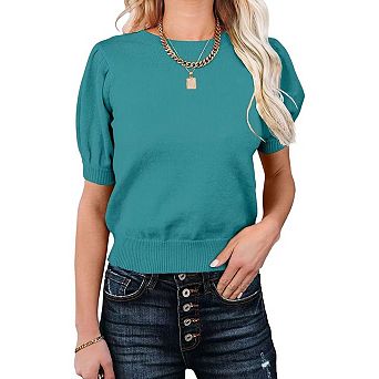 Women Round Neck Solid Color Slim Fit Soft Short Sleeve Knit Top