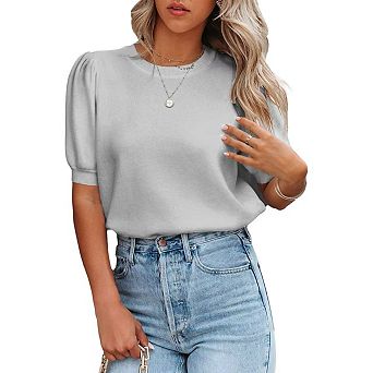 Women Round Neck Solid Color Slim Fit Soft Short Sleeve Knit Top