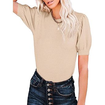 Women Round Neck Solid Color Slim Fit Soft Short Sleeve Knit Top