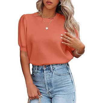 Women Round Neck Solid Color Slim Fit Soft Short Sleeve Knit Top