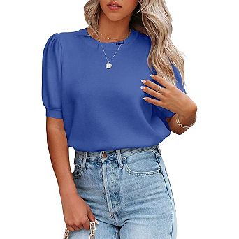 Women Round Neck Solid Color Slim Fit Soft Short Sleeve Knit Top