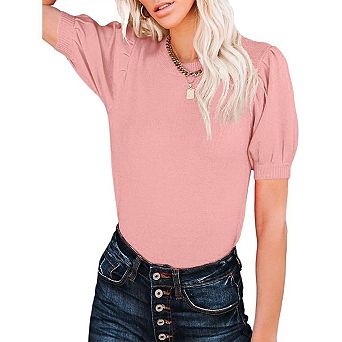 Women Round Neck Solid Color Slim Fit Soft Short Sleeve Knit Top