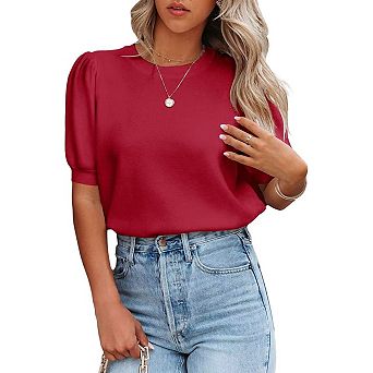 Women Round Neck Solid Color Slim Fit Soft Short Sleeve Knit Top
