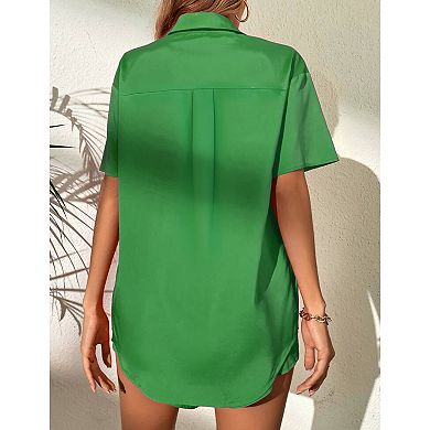 Women Casual 2 Piece Outfits Sets Button Shirt Shorts