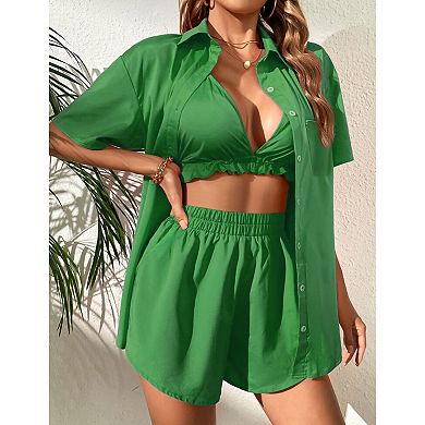 Women Casual 2 Piece Outfits Sets Button Shirt Shorts