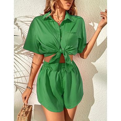 Women Casual 2 Piece Outfits Sets Button Shirt Shorts
