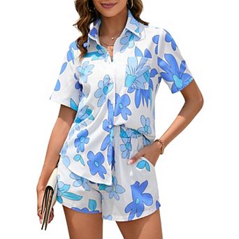 Women Casual 2 pc Outfits Sets Button Shirt Shorts