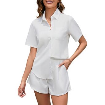 Women Casual 2 pc Outfits Sets Button Shirt Shorts