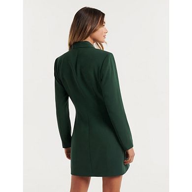 Women Blazer Set Solid Color Long Sleeve Notch Lapel Double Breasted Button Blazer Dress with Pocket