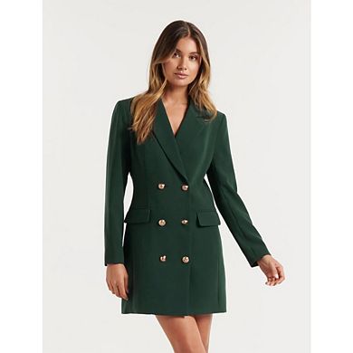 Women Blazer Set Solid Color Long Sleeve Notch Lapel Double Breasted Button Blazer Dress with Pocket