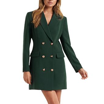 Women Blazer Set Solid Color Long Sleeve Notch Lapel Double Breasted Button Blazer Dress with Pocket