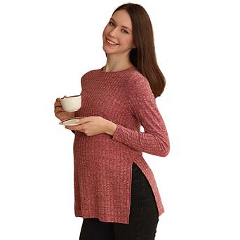 Womens Maternity Tops Long Sleeve Pregnancy Tunic Blouses Crew Neck Ribbed Shirts Pregnant Clothes