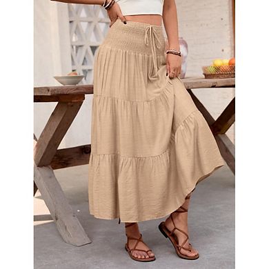 Womens Boho Skirt Casual Elegant Smock Layered Tiered Maxi Skirt High Waisted A Line Long Skirts