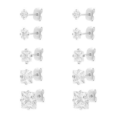 Brilliance 5-Pair Square Cubic Zirconia Stud Earring Set