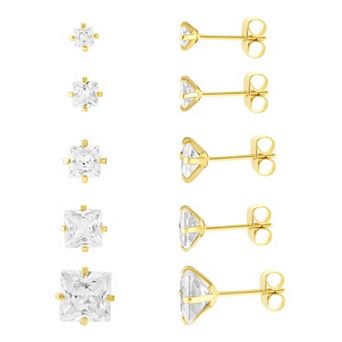 Brilliance 5-Pair Square Cubic Zirconia Stud Earring Set