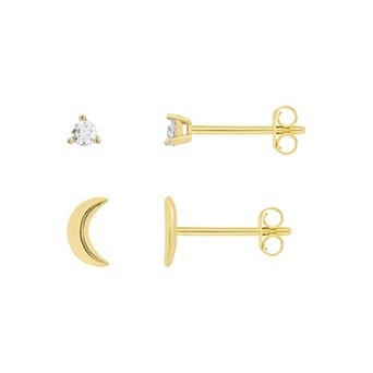 PRIMROSE 18k Gold Plated Cubic Zirconia Round & Moon Stud Earrings Duo Set
