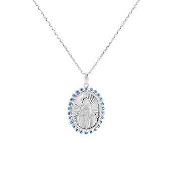 Brilliance Fine Silver Plated Blue Spinel Religious Medallion Pendant Necklace