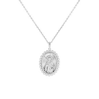Brilliance Fine Silver Plated Cubic Zirconia Religious Medallion Pendant Necklace