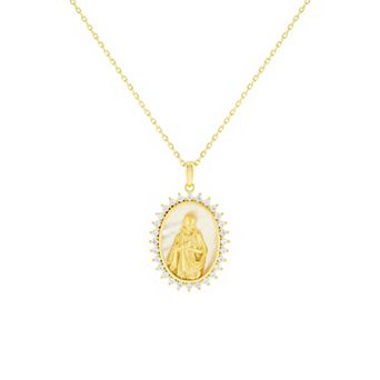 Brilliance 18k Gold Flash Plated Mother-of-Pearl & Cubic Zirconia Religious Medallion Pendant Necklace