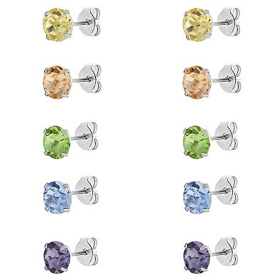 Brilliance Fine Silver Plated Crystal 5-Pair Stud Earring Set