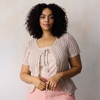 Plus Size LC Lauren Conrad Short Sleeve Flounce Cardigan