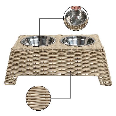 Serenity 6.9" Small/Medium Elevated Wicker Pet Feeder with 18oz (2.2 Cups) 2-Stainless Steel Bowls