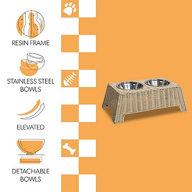 Serenity 6.9" Small/Medium Elevated Wicker Pet Feeder with 18oz (2.2 Cups) 2-Stainless Steel Bowls