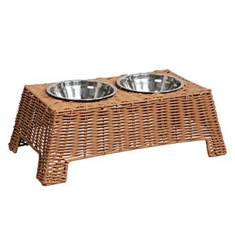 Serenity 6.9" Small/Medium Elevated Wicker Pet Feeder with 18oz (2.2 cup ) 2-Stainless Steel Bowls