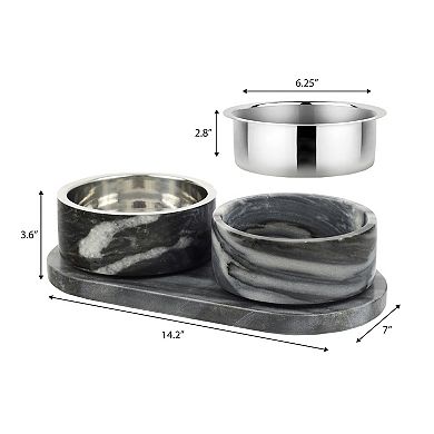 Small/Medium Double Marble, Stainless Steel Bowl 12oz Feeder with Non-Slip Marble Tray Set