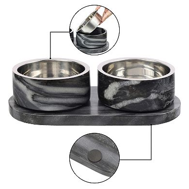 Small/Medium Double Marble, Stainless Steel Bowl 12oz Feeder with Non-Slip Marble Tray Set