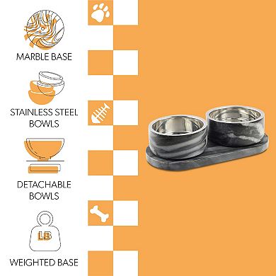 Small/Medium Double Marble, Stainless Steel Bowl 12oz Feeder with Non-Slip Marble Tray Set