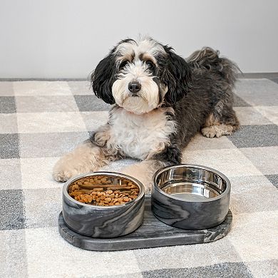 Small/Medium Double Marble, Stainless Steel Bowl 12oz Feeder with Non-Slip Marble Tray Set