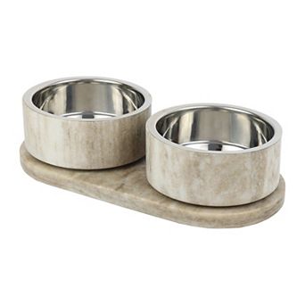 Small/Medium Double Marble, Stainless Steel Bowl 12oz Feeder with Non-Slip Marble Tray Set