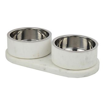 Small/Medium Double Marble, Stainless Steel Bowl 12oz Feeder with Non-Slip Marble Tray Set