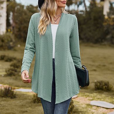 Women Cable Knit Long Sleeve Casual Open Front Sweater Cardigan