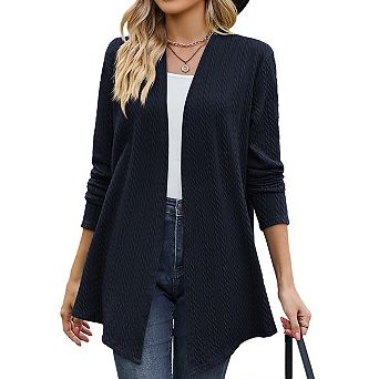 Women Cable Knit Long Sleeve Casual Open Front Sweater Cardigan