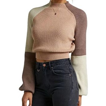Women's Cropped Color Block Sweater Casual Semi-Turtleneck Pullover Long Sleeve Knit Top