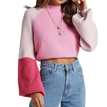Women's Cropped Color Block Sweater Casual Semi-Turtleneck Pullover Long Sleeve Knit Top