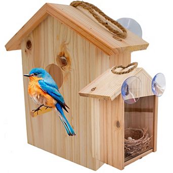Wooden Window Birdhouse with Large Suction Cups, Hanging Rope and Slide-Out Tray