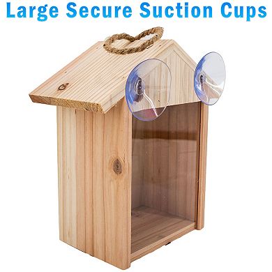 Wooden Window Birdhouse with Large Suction Cups, Hanging Rope and Slide-Out Tray