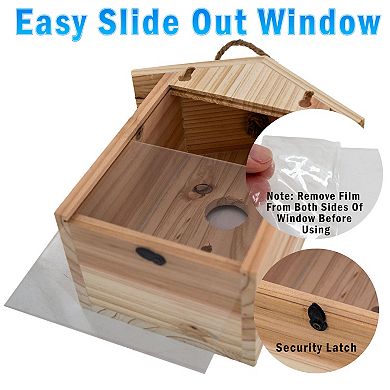Wooden Window Birdhouse with Large Suction Cups, Hanging Rope and Slide-Out Tray