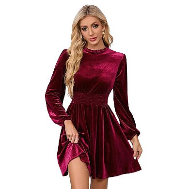 Women's Fall Velvet Mini Dress Long Sleeve Mock Neck High Waist Ruffle A Line Flowy Party Dresses