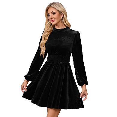 Women's Fall Velvet Mini Dress Long Sleeve Mock Neck High Waist Ruffle A Line Flowy Party Dresses