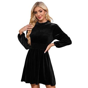 Women's Fall Velvet Mini Dress Long Sleeve Mock Neck High Waist Ruffle A Line Flowy Party Dresses
