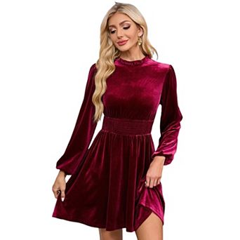 Women's Fall Velvet Mini Dress Long Sleeve Mock Neck High Waist Ruffle A Line Flowy Party Dresses